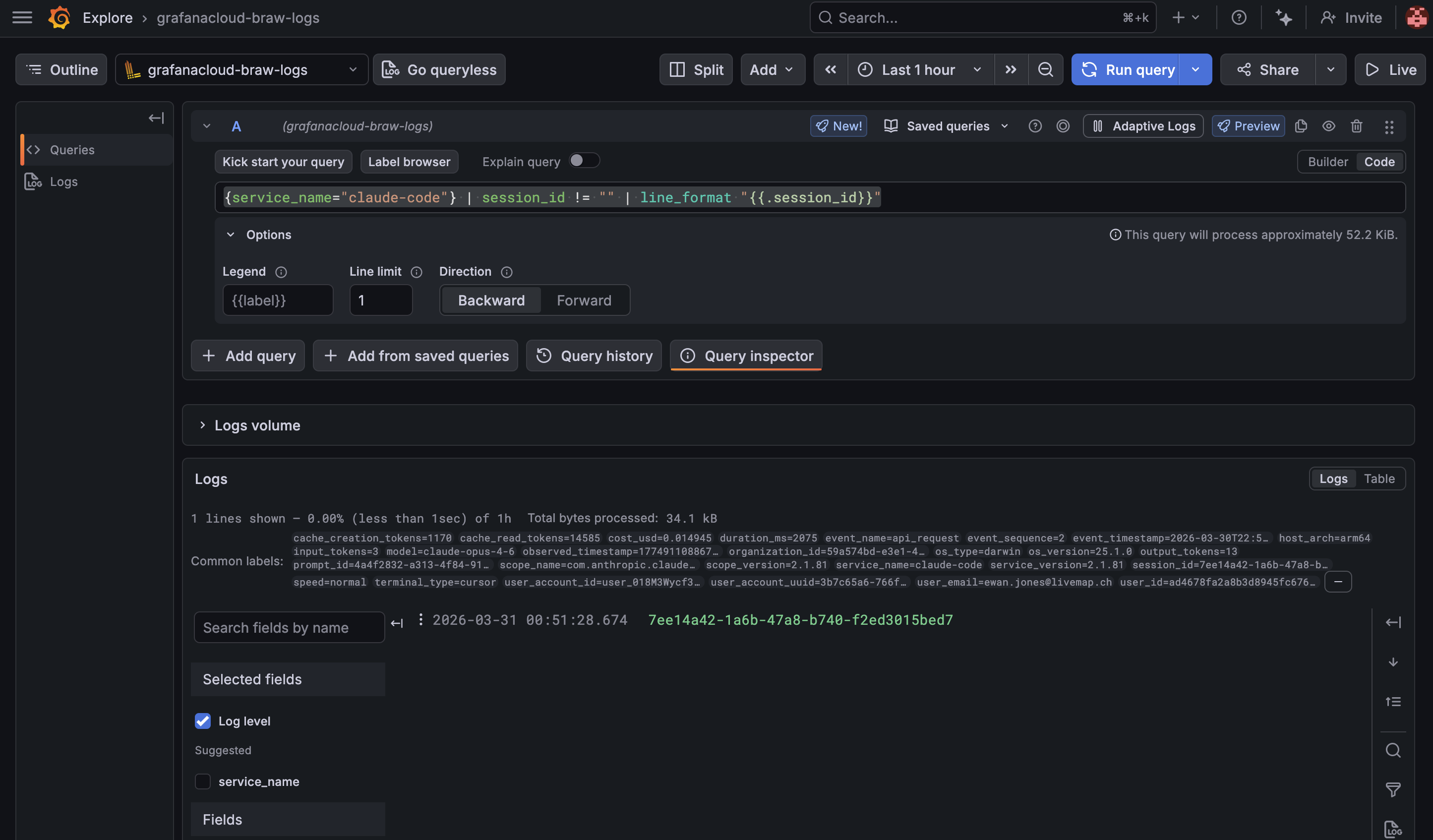 Screenshot of Grafana Cloud Explore to find the Session ID